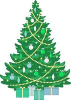 Natale albero decorato con ghirlanda e giocattoli. colorato palle, ghiaccioli, campane, archi. i regali sotto il albero. vacanza decorativo abete. contento nuovo anno vettore illustrazione.