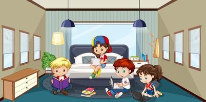 interno della camera da letto con il personaggio dei cartoni animati dei bambini vettore