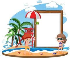 modello di banner vuoto con molti bambini in vacanza estiva in spiaggia isolata vettore