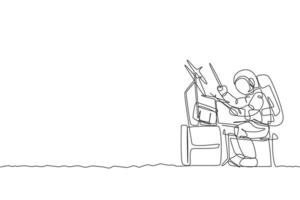 un disegno a tratteggio unico del batterista astronauta che suona il tamburo strumento musicale sulla superficie lunare illustrazione vettoriale. poster di concerti di musica, concetto di astronauta spaziale. design moderno a linea continua vettore