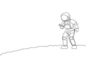 un singolo disegno a tratteggio del cosmonauta sulla superficie lunare fa una chiamata alla famiglia sulla terra con l'illustrazione vettoriale dello smartphone. ufficio affari astronauta con il concetto di spazio esterno. disegno di disegno a linea continua
