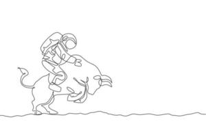 un disegno a tratteggio unico dell'astronauta che cavalca un toro arrabbiato, animale selvatico nell'illustrazione grafica vettoriale della superficie lunare. concetto di viaggio safari cosmonauta. design moderno a linea continua