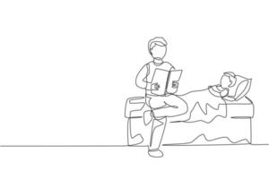 un disegno a tratteggio di un giovane padre seduto in camera da letto e che legge un libro di storie a suo figlio prima di dormire illustrazione vettoriale. concetto di genitorialità familiare felice. design moderno a linea continua vettore