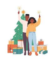 famiglia coppia in piedi vicino Natale albero con regali e festeggiare Natale o nuovo anno. vettore