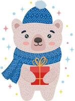 un' carino orso nel un' cappello e sciarpa è in piedi sotto il neve con un' tazza di caffè. Natale design. vettore illustrazione. il iscrizione con Congratulazioni.