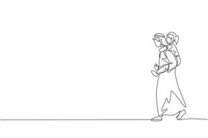 un unico disegno a tratteggio di un giovane papà arabo che parla mentre trasporta sulle spalle sua figlia al parco illustrazione vettoriale. felice concetto di genitorialità familiare musulmana islamica. design moderno a linea continua vettore