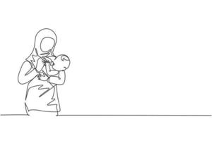 disegno a linea continua di una giovane madre islamica che abbraccia e dà da mangiare cibo sano al suo bambino. concetto di maternità della famiglia felice musulmana araba. illustrazione vettoriale di disegno di una linea di disegno