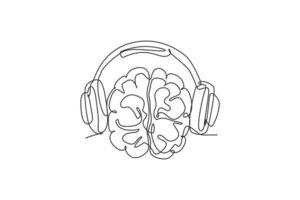 un disegno a tratteggio continuo del cervello umano che ascolta la musica utilizzando l'icona del logo della cuffia a filo. concetto di modello simbolo logotipo smart dj. illustrazione vettoriale di design grafico di disegno a linea singola alla moda