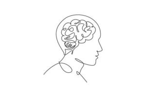 un disegno a linea continua di una testa umana con un cervello intelligente all'interno dall'icona del logo della vista laterale. concetto di modello di simbolo logotipo ufficio psicologico. illustrazione vettoriale di design a linea singola alla moda