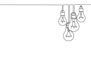 un disegno a linea continua di lampadine sospese sul tetto del soffitto della casa. poster per l'interior design della decorazione della parete. illustrazione grafica vettoriale di disegno a linea singola moderna