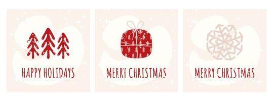 impostato di allegro Natale e contento vacanze saluto carte nel scandinavo stile. vettore illustrazione. Natale alberi, fiocco di neve e regalo scatola