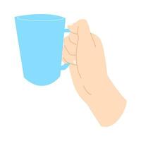 umano mano Tenere un' blu tazza. concetto di potabile, cucina attrezzatura. isolato bianca sfondo. piatto vettore illustrazione.