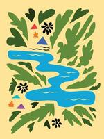 astratto fiume acqua nel il mezzo di foresta albero e le foglie con campi e falò in giro esso. vettore maglietta o manifesto design con natura e campeggio tema. semplice piatto cartone animato minimalista arte disegno.