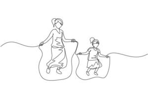 un disegno a tratteggio continuo di una giovane mamma e di sua figlia che si esercitano saltando con la corda per saltare nel parco vicino a casa. concetto di genitorialità familiare felice. illustrazione vettoriale di disegno dinamico a linea singola