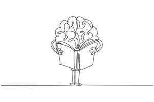 disegno a linea continua del cervello umano in piedi e libro di lettura per l'etichetta del logo della biblioteca pubblica. concetto di icona logotipo carattere intelligente. illustrazione di vettore di progettazione grafica di disegno di una linea moderna