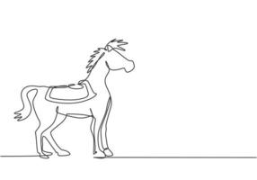 un'unica linea continua che disegna un cavallo da circo si erge nell'arena dello spettacolo, guardando avanti e preparandosi per eseguire un'attrazione. cavallo altamente qualificato. una linea disegnare grafica vettoriale illustrazione