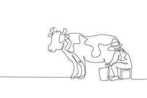 disegno continuo di una linea giovane contadina che munge una mucca in modo tradizionale. un concetto di minimalismo di attività di raccolta di successo. illustrazione grafica vettoriale di disegno di disegno a linea singola