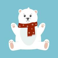 polare orso con rosso sciarpa nel seduta posa. bianca orso su un' blu sfondo. Natale concetto. Perfetto per Natale e nuovo anno carte. vettore illustrazione