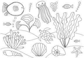 subacqueo mondo con alghe, bolle isolato. colorazione libro per bambini e adulti. palla pesce, Medusa, scogliera pesce, tartaruga, guscio, alga marina, mare erba, stella marina. vettore