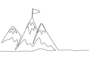 montagne di disegno a linea continua singola con bandiera di destinazione in alto. raggiungere e scalare l'obiettivo aziendale in cima alla collina. concetto di minimalismo dinamico una linea disegnare grafica vettoriale illustrazione