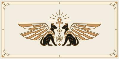 Due alato Egitto gatti, sacro occhio di Dio horus. antico Egitto Vintage ▾ arte fricchettone linea arte illustrazione vettore con occhio di Horus con sacro scarabeo Ali parete arte design nel schema minimo design