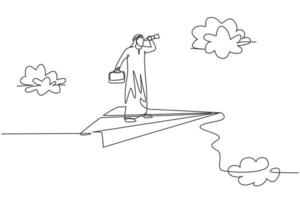 disegno continuo di una linea giovane lavoratore di sesso maschile arabo che analizza il mercato su un aereo di carta volante. concetto di metafora minimalista di successo business manager. illustrazione grafica vettoriale di disegno di disegno a linea singola