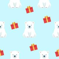 polare orso con regalo scatola nel senza soluzione di continuità modello su blu sfondo. vettore