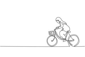disegno a linea continua di una giovane lavoratrice araba di bellezza che va in bicicletta in ufficio. imprenditrice professionista. concetto di minimalismo dinamico una linea disegnare grafica vettoriale illustrazione
