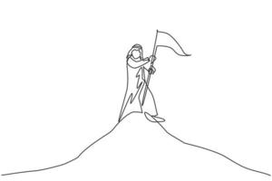 disegno a linea continua singolo giovane uomo d'affari arabo che pianta la bandiera dell'obiettivo sulla cima della montagna. raggiungimento degli obiettivi aziendali. concetto di minimalismo una linea disegnare grafica vettoriale illustrazione