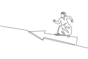 disegno a una linea di un giovane imprenditore maschio arabo che vola con il simbolo della freccia in avanti. concetto minimo di crescita rapida del business. illustrazione vettoriale grafica di disegno di disegno di linea continua moderna