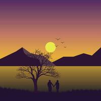 romantico coppia su tramonto vettore sfondo illustrazione