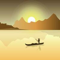 tramonto albero montagna con mare e barca vettore illustrazione sfondo