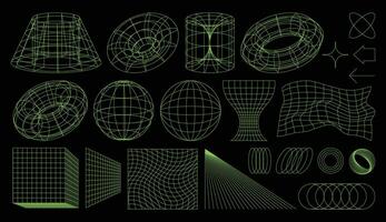 impostato di y2k elementi, wireframe, 3d geometrico forme, griglie, e lineare le forme ispirato di brutalismo, cyberpunk e retrò futuristico stili. vettore geometrico grafico estetico toro, cubo, sfera eccetera.