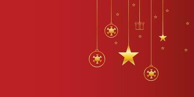 allegro Natale rosso sfondo con d'oro stelle e albero con d'oro palle vettore