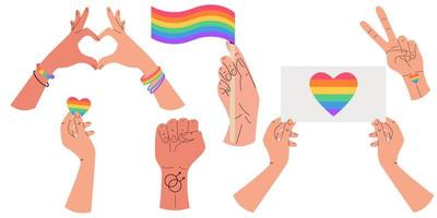 Rainbow alza la mano nella parata del gay pride.celebrating pride.lgbt community. vettore