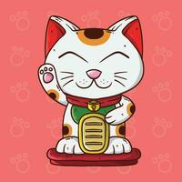 carino cartone animato vettore illustrazione di maneki neko gatto. vettore illustrazione di bianca gatto con un' sollevato zampa, Tenere d'oro moneta, giapponese simbolo di bene fortuna, ricchezza e benessere.