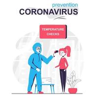 prevenzione coronavirus isolato concetto di cartone animato. medico in tuta controlla la temperatura della donna, scena di persone in design piatto. illustrazione vettoriale per blog, sito Web, app mobile, sito mobile.