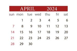aprile 2024 calendario mensile progettista inizio Domenica modello vettore. vettore