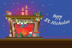 contento st. Nicholas giorno. un' luminosa illustrazione di un' camino con un' nuovo anni ghirlanda, calzini e i regali per il inverno vacanza di dicembre 6°. vettore illustrazione, manifesto, saluto carta.