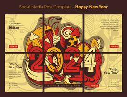 sociale media inviare modello con tipografia numero di 2024 e scarabocchio arte per nuovo anno festa design vettore
