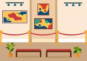 esposizione visitatori visualizzazione un' galleria con moderno astratto pittura a contemporaneo nel esposizione sala nel piatto cartone animato sfondo vettore illustrazione