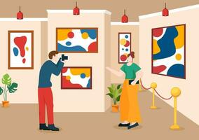 esposizione visitatori visualizzazione un' galleria con moderno astratto pittura a contemporaneo nel esposizione sala nel piatto cartone animato sfondo vettore illustrazione