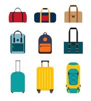 collezione di icone set di borse da viaggio, zaini, valigie isolate su sfondo bianco