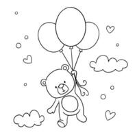 carino cartone animato orso volante con Palloncino nel nuvole. vettore divertente cartone animato orso schema schizzo disegno per infantile colorazione libro o pagina.