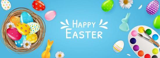 modello di poster di Pasqua con uova di Pasqua realistiche 3d, nido, vernici, coniglietto. modello per pubblicità, poster, flyer, biglietto di auguri. illustrazione vettoriale