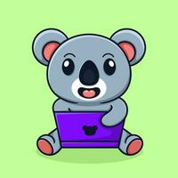 carino koala cartone animato, giocando su il computer portatile. vettore