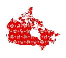 vettore isolato illustrazione per nuovo anno e Natale vacanza. semplificato Canada carta geografica. rosso modello decorato bianca attraversare cucito i fiocchi di neve e renne.