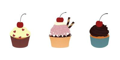 carino Cupcake con ciliegia impostare. piatto cartone animato design. vettore illustrazione su bianca sfondo