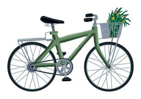 bicicletta con cestino di fiori clipart. estate tempo libero attività sport scarabocchio isolato su bianca. colorato vettore illustrazione nel cartone animato stile.