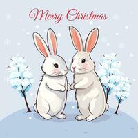 allegro Natale carta con carino coniglio coppia e inverno sfondo vettore
